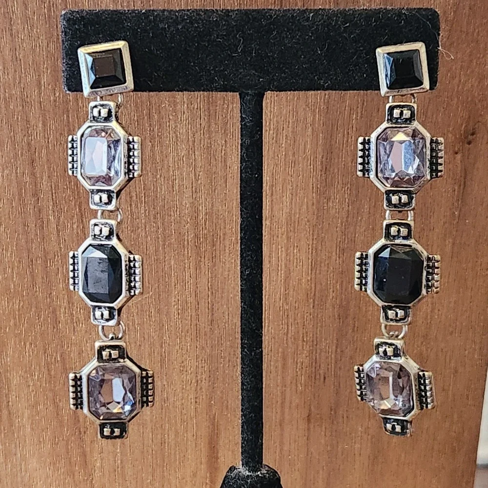 Black Lavender Crystal Art Deco Drop Earrings Silver Tone Geometric‎ 2.75